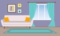 Living room interior. Vector background with sofa, pictures and window with curtains. Home or house design. Modern decor. Vector Royalty Free Stock Photo